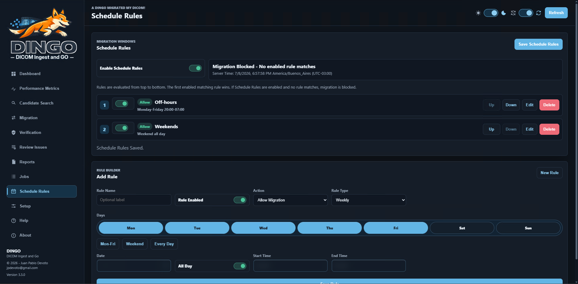 DINGO Schedule Rules screenshot